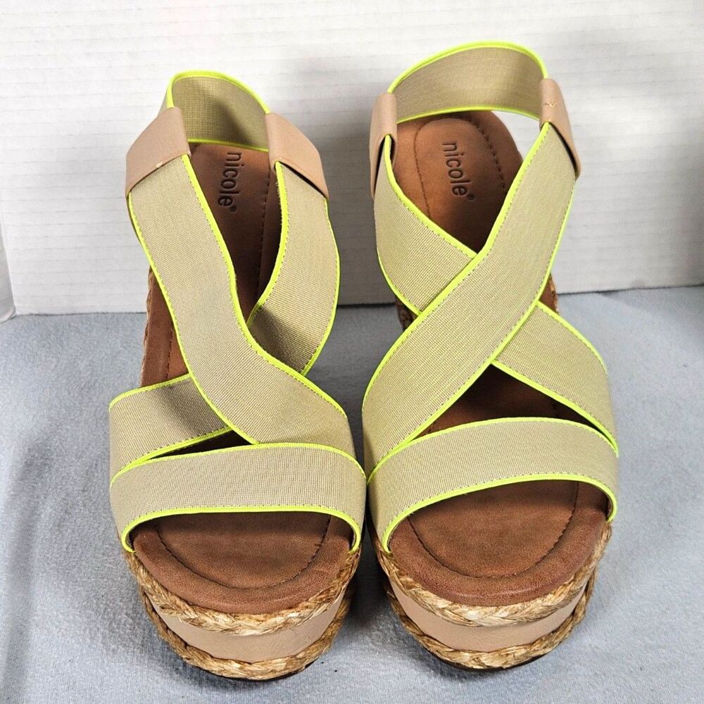 Nicole Platform Espadrille Wedge Sandals Beige Nude Neon Lime Elastic Straps Sz8